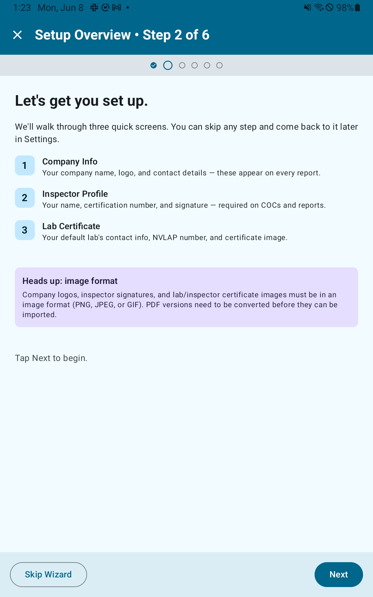 Setup Wizard step progress bar and Company Info fields