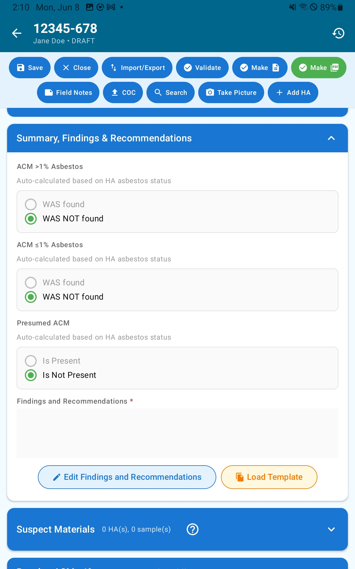 Summary section showing auto-calculated ACM findings and Recommendations editor