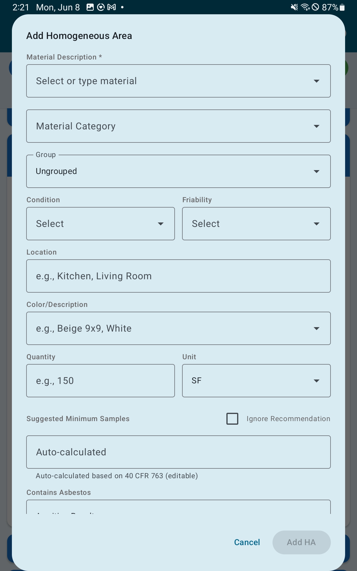 Add Homogeneous Area dialog showing all fields