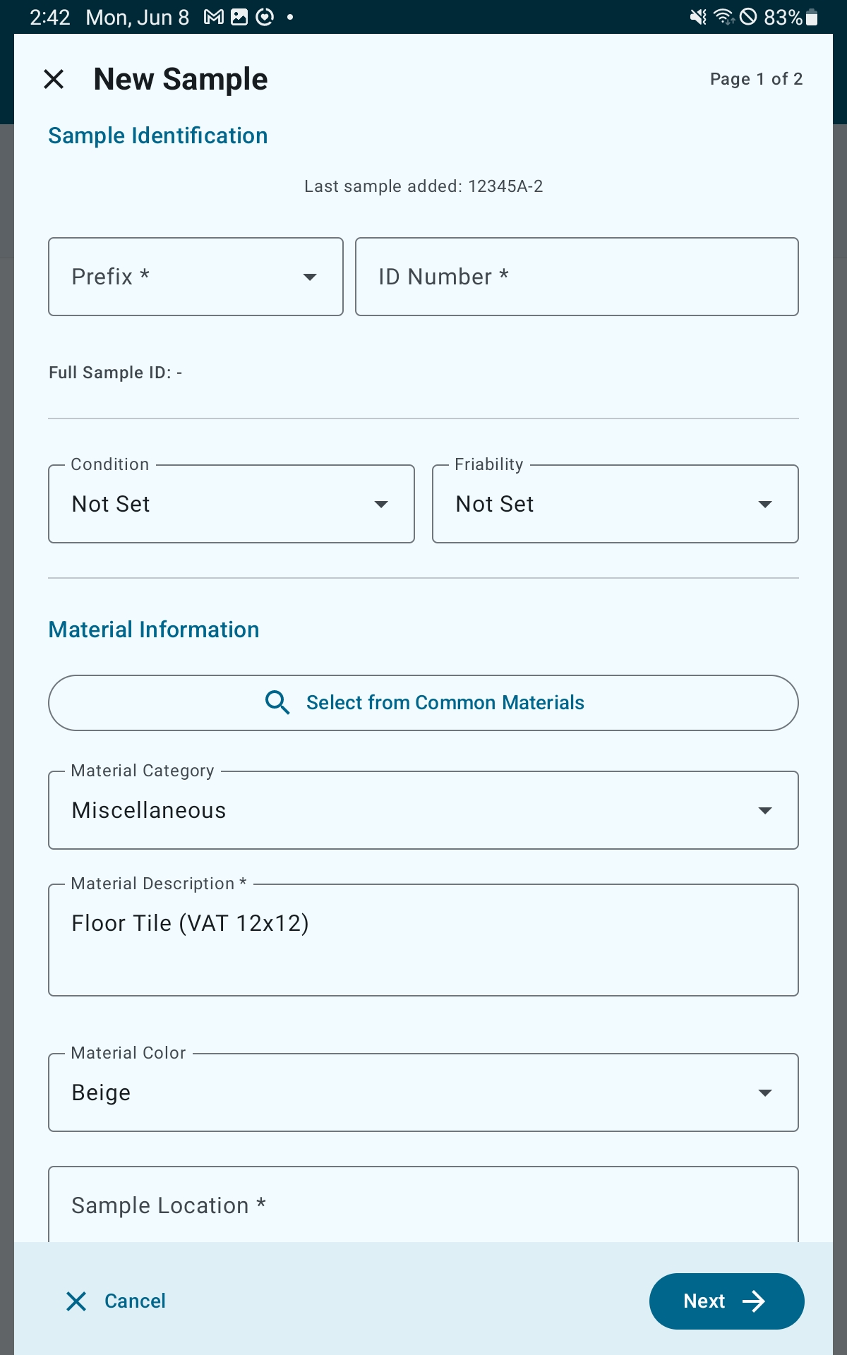 New Sample dialog Page 1 showing Sample Identification and Material Information fields