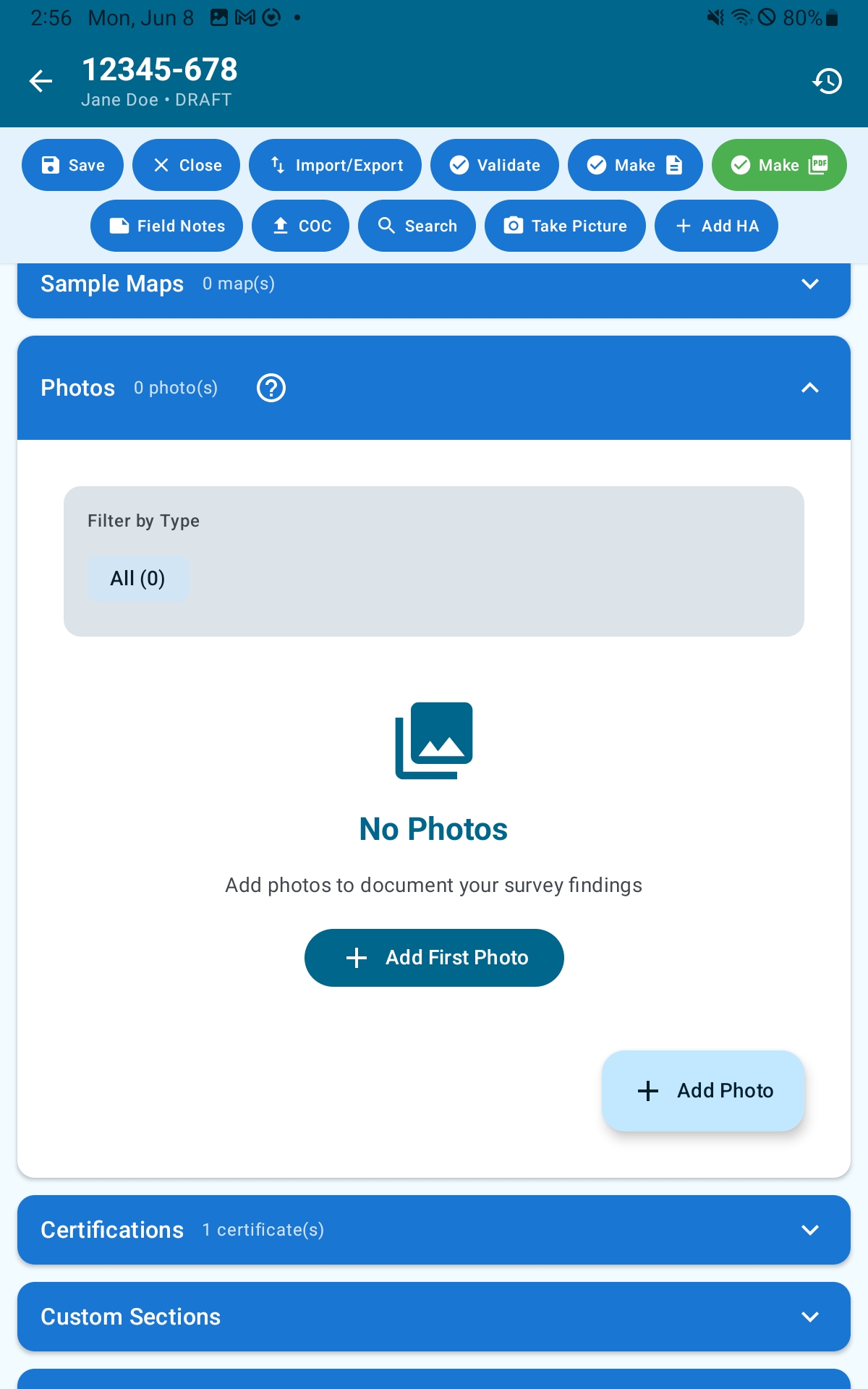 Photos section showing filter chips and photo thumbnail grid