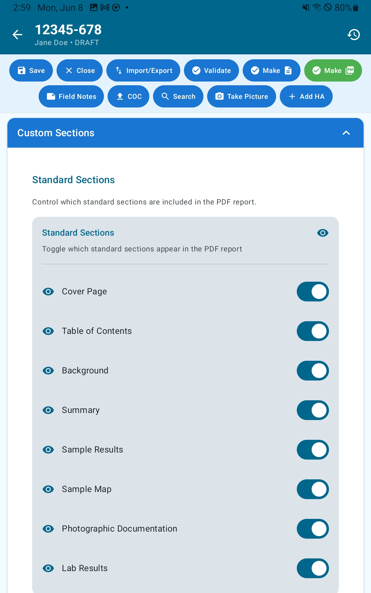Custom Sections area showing section visibility toggles and user-created sections