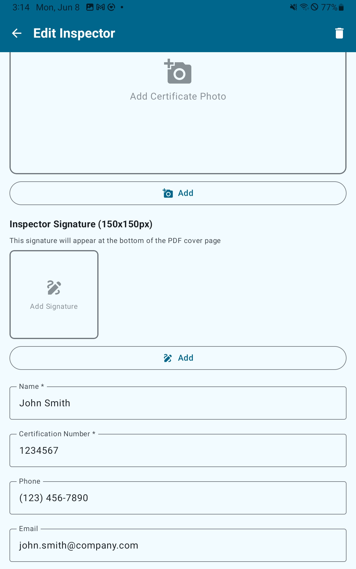 Manage Inspectors screen showing inspector cards with certification expiry badges