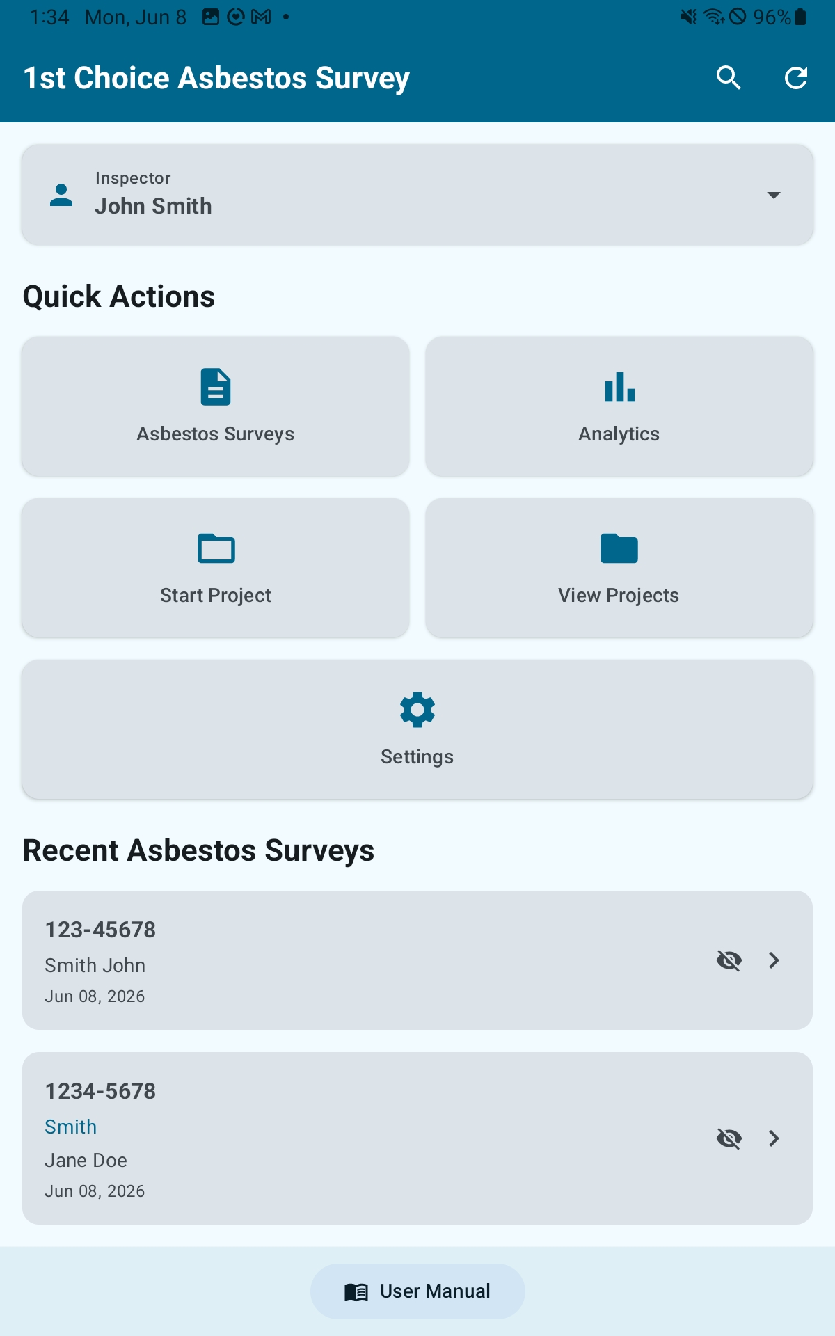 Home screen showing inspector selector, Quick Action cards, and recent surveys