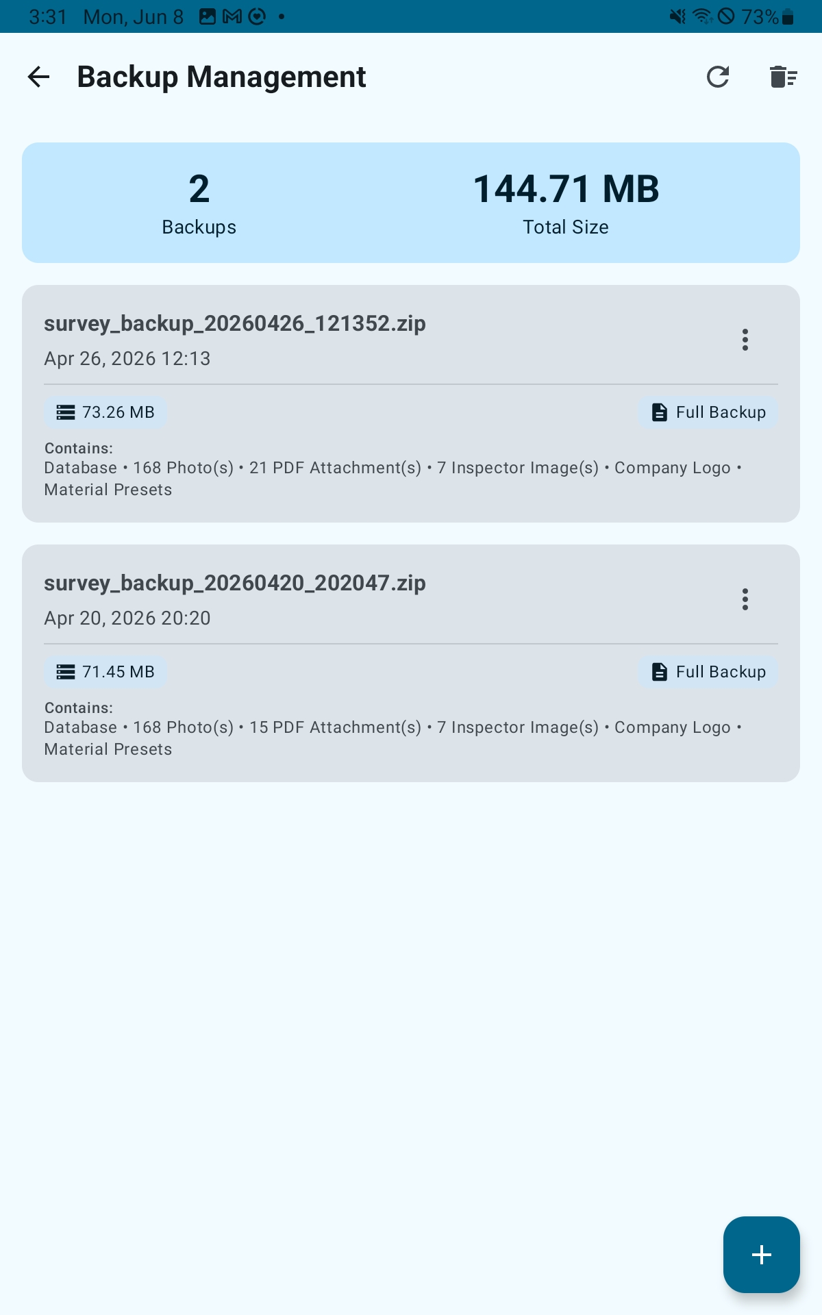 Backup Management screen showing backup cards with date and file size