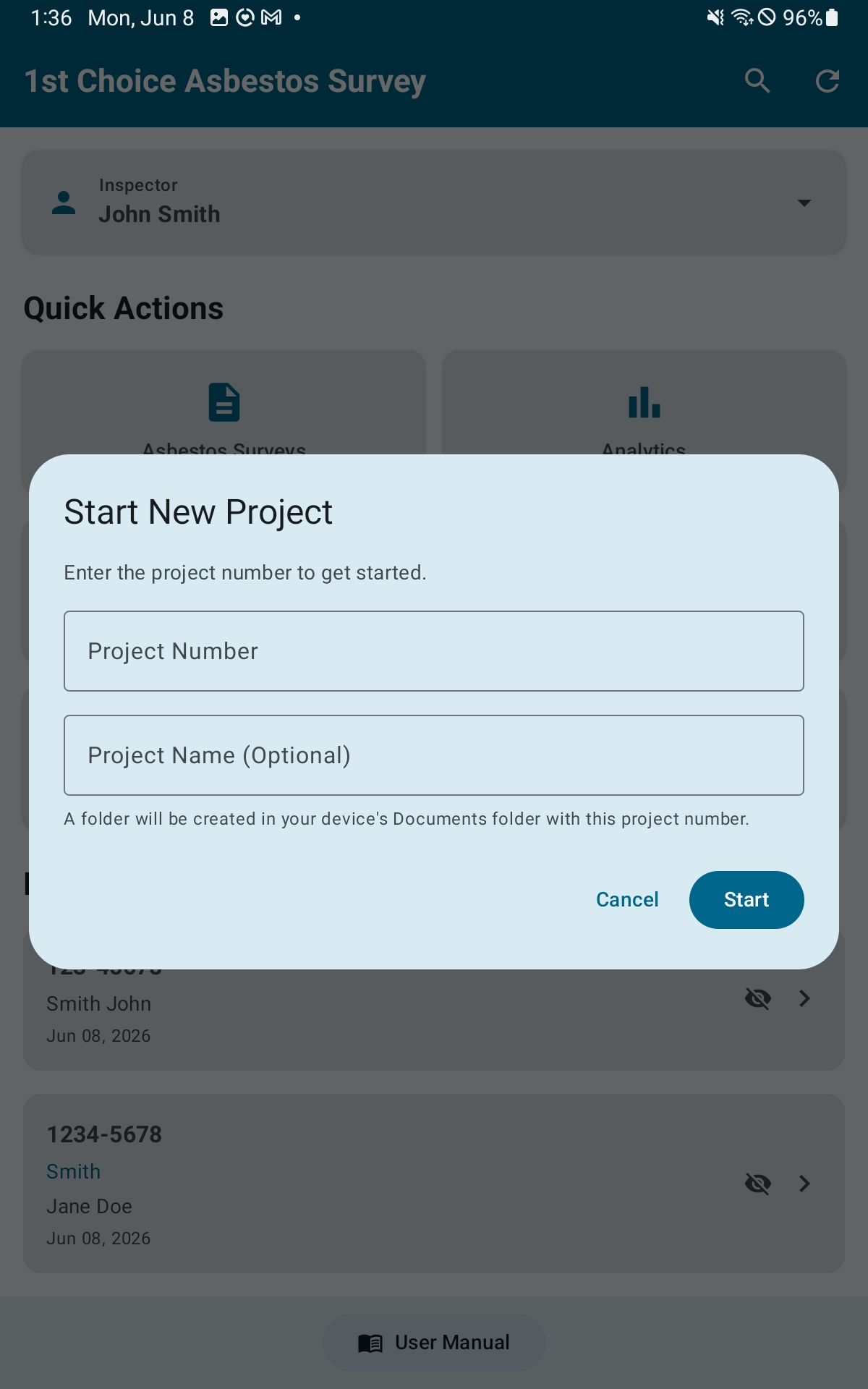 Start Project dialog with Project Number and Project Name fields