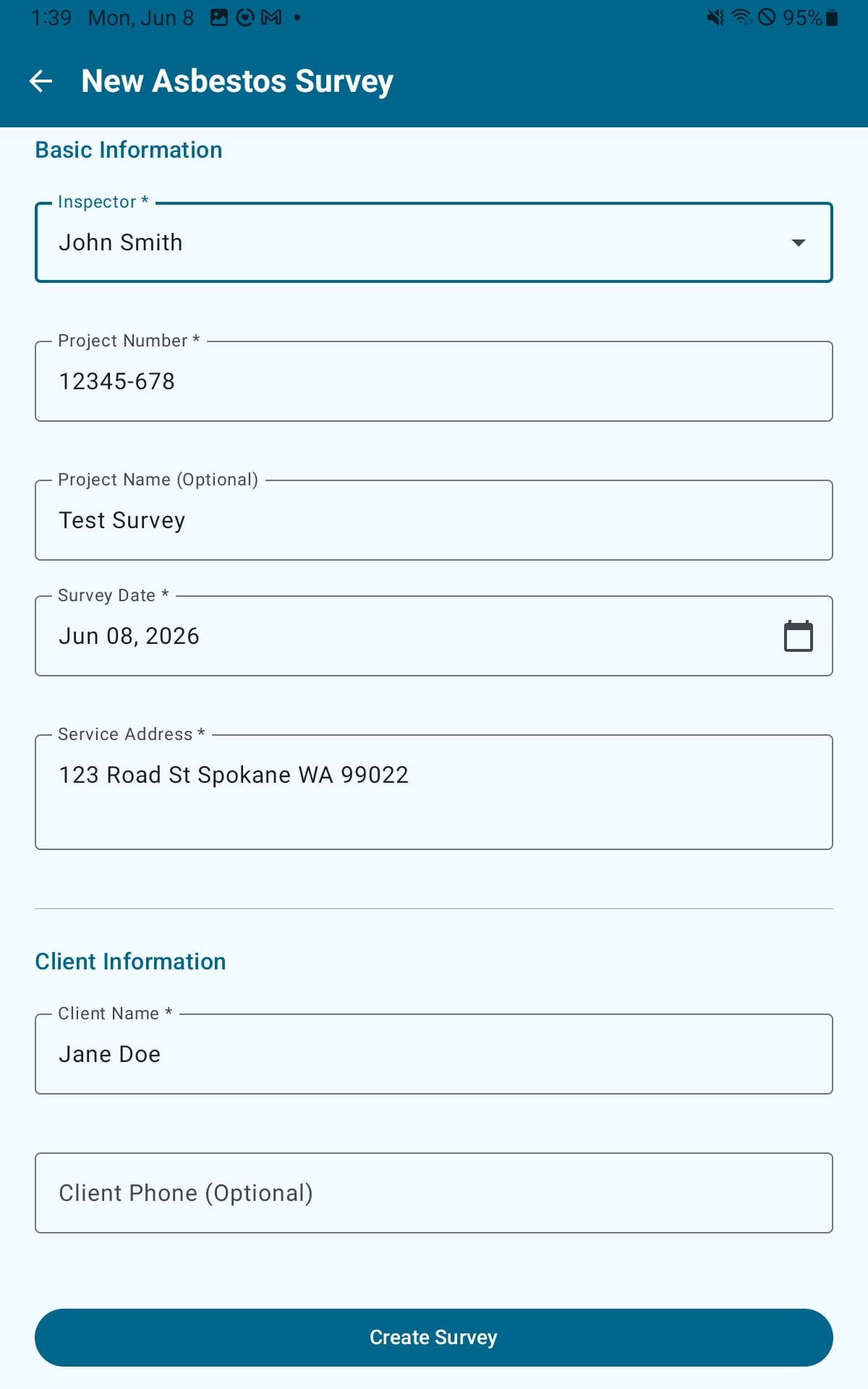 Survey Quick Create screen with required fields and Create Survey button