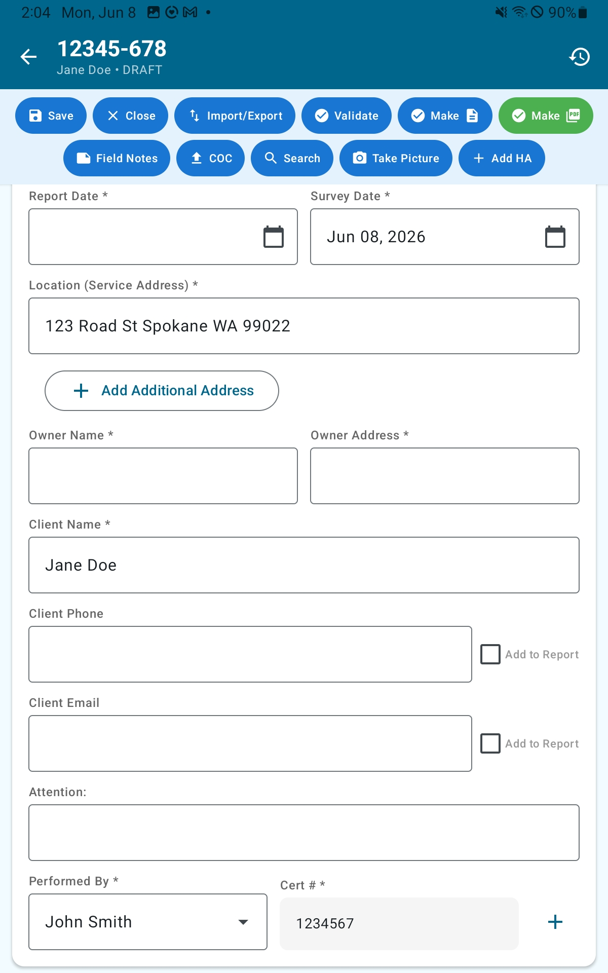 Cover Page section showing all editable fields and inspector selectors