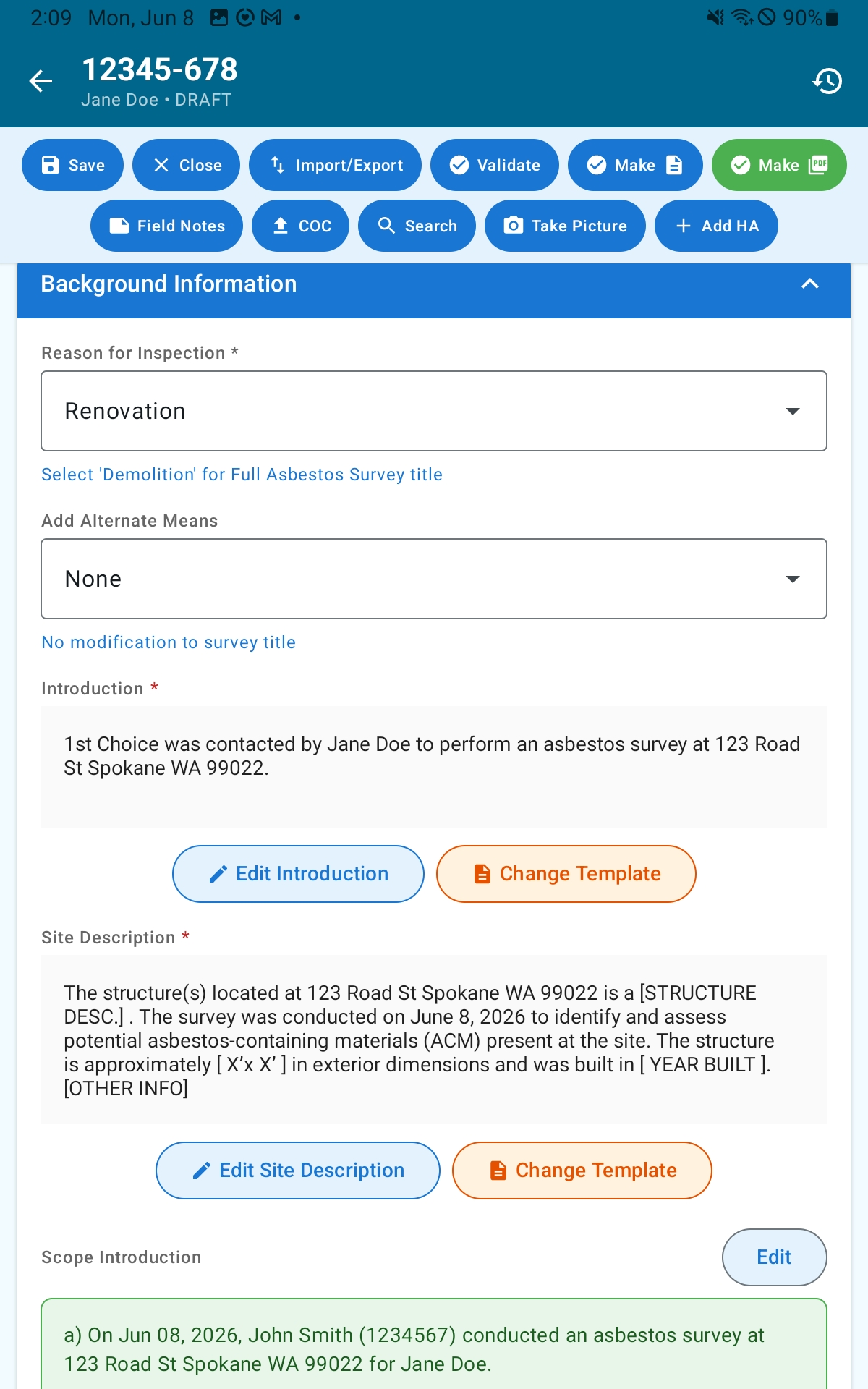 Background section with Reason for Inspection, Alternate Survey Option, and narrative subsections